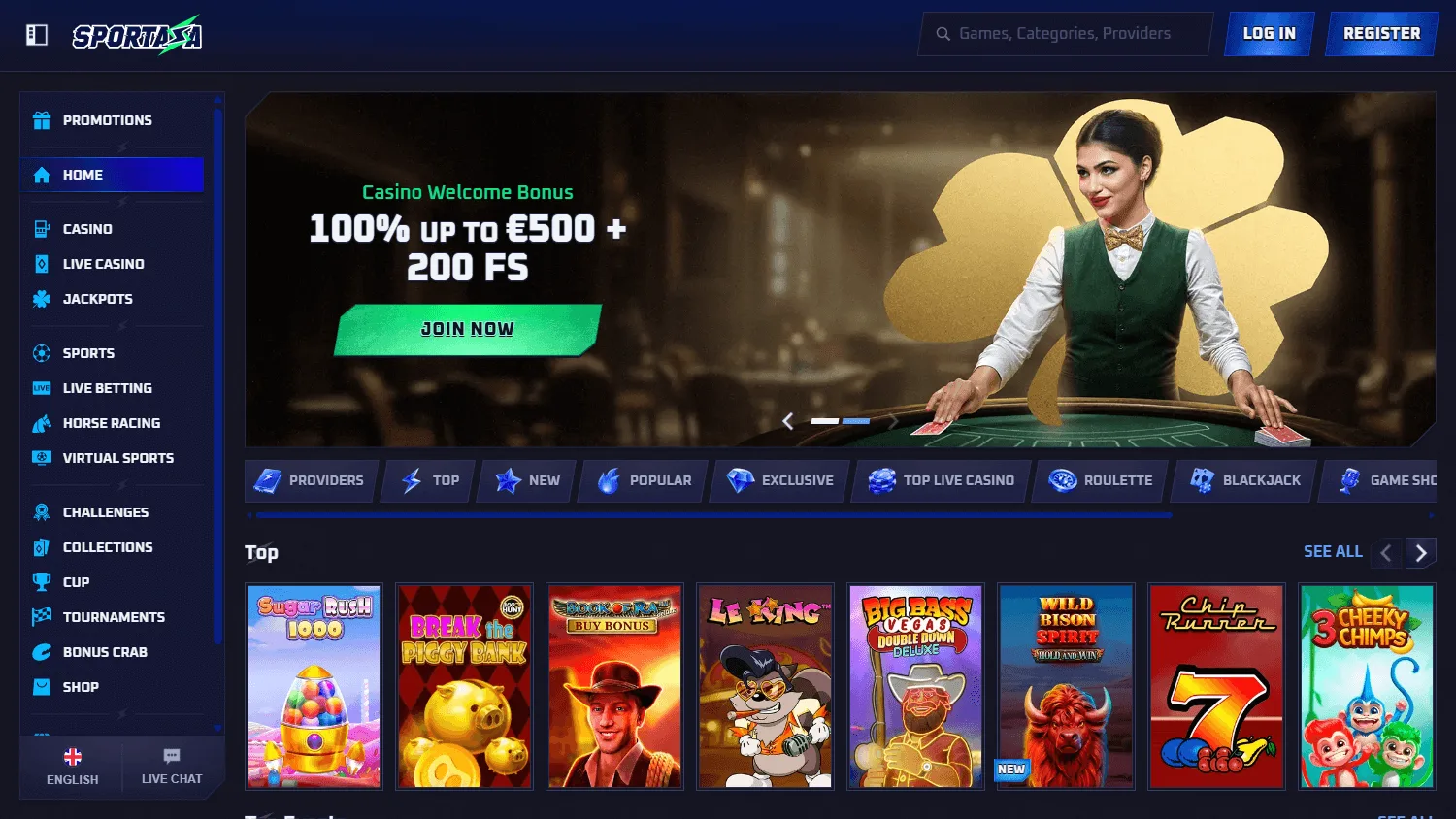 Sportaza Casino desktop home with casino and sports betting options