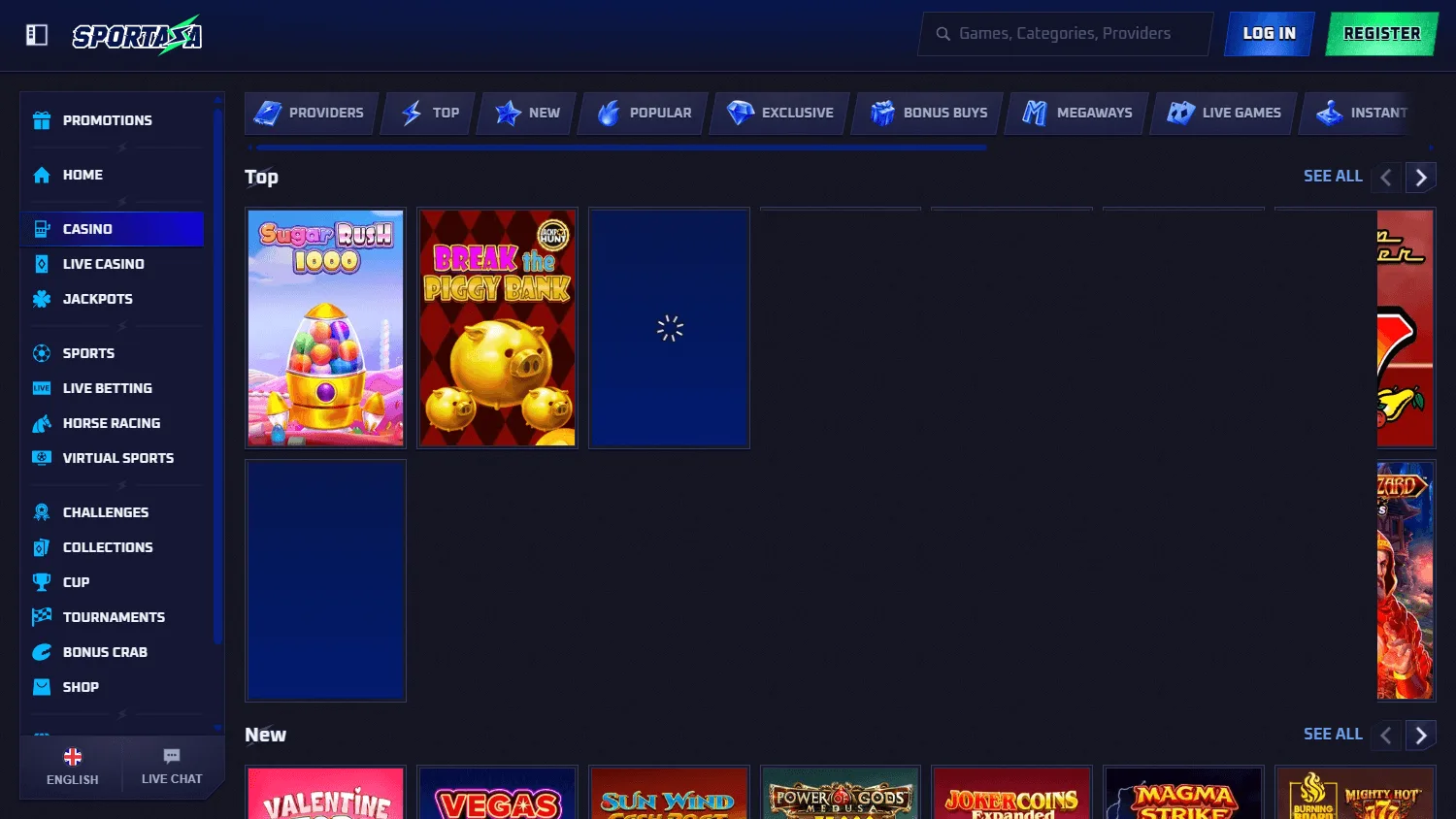 Sportaza Casino desktop games area with pokies and live casino categories