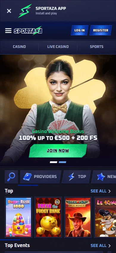 Sportaza Casino mobile browser home with casino and sports betting options