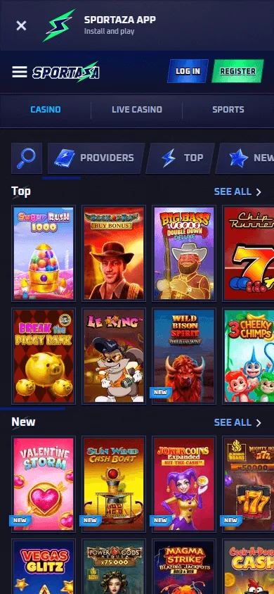Sportaza Casino mobile browser games area with pokies and live casino categories