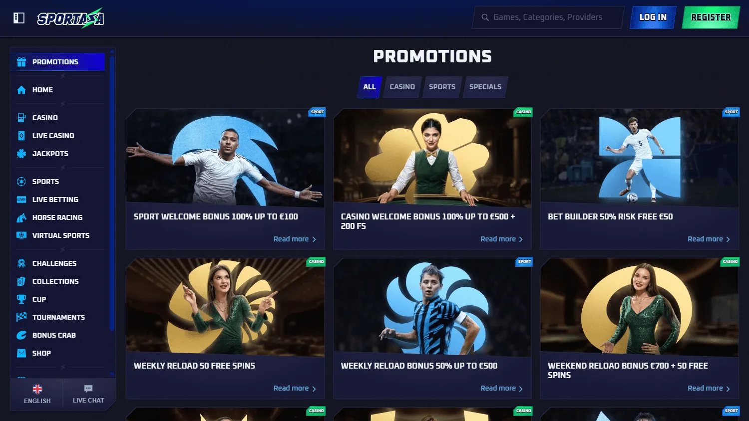 Sportaza Casino desktop promotions area with casino and sports offers