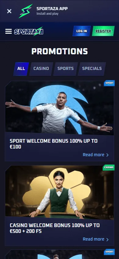 Sportaza Casino mobile browser promotions area with casino and sports offers
